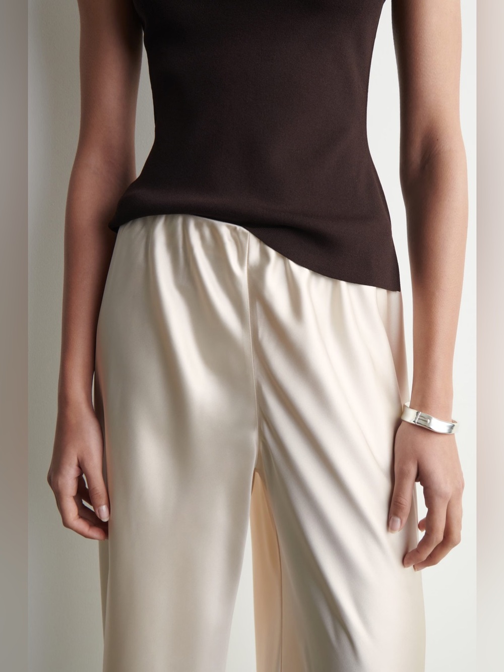 COS Satin Wide-Leg Pants, Elasticated Waistband, Olive-Brown Tone US M - Picture 12 of 12